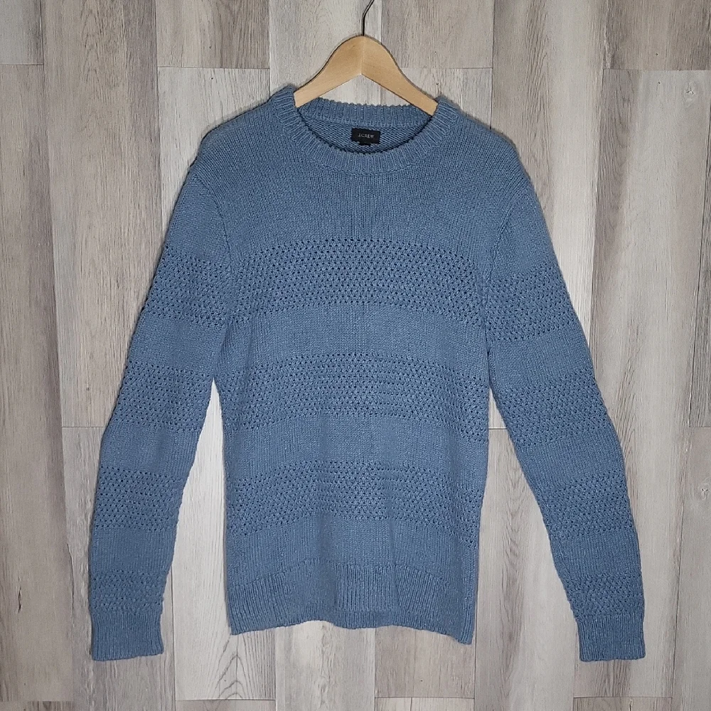 J Crew Mens Medium Linen Blend‎ Sweater Open Knit Accents Heavyweight Crew Neck